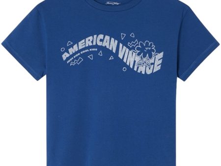 American Vintage T-shirt Droit Mc Col Rond Imprime Bleu Roi Vintage For Sale