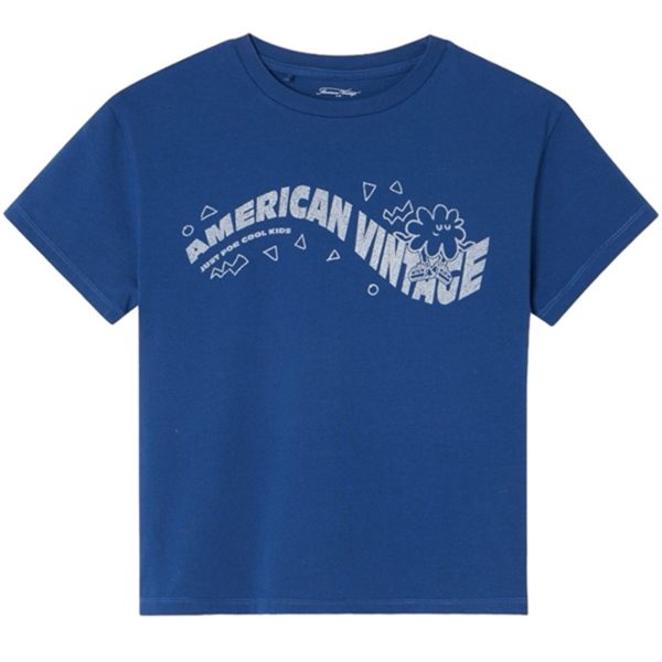 American Vintage T-shirt Droit Mc Col Rond Imprime Bleu Roi Vintage For Sale